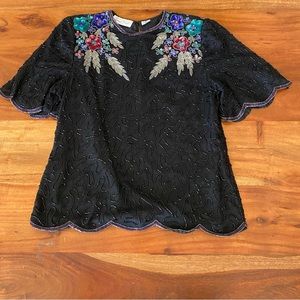 Lawrence kazar silk beaded blouse scalloped medium holiday Christmas dressy vtg